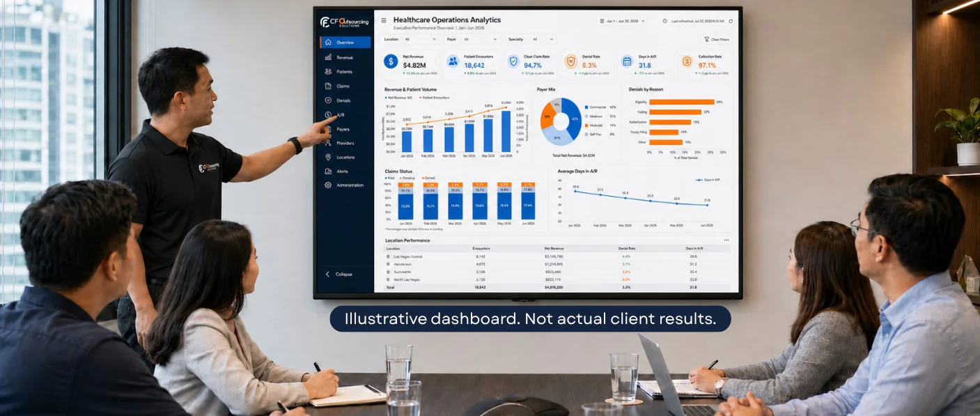 CF team reviewing an illustrative healthcare operations analytics dashboard